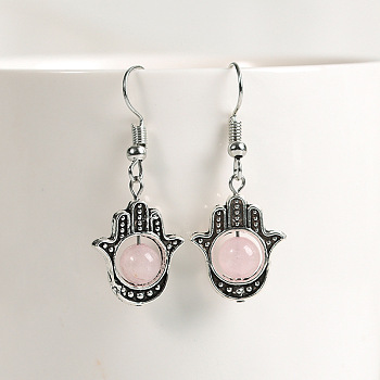 Natural Crystal Stone Hamsa Hand & Round Dangle Earrings, Handmade Sweet Ear Jewelry, Platinum, Pink