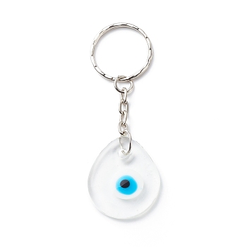 Teardrop Handmade Lampwork Evil Eye Pendants Keychain, with Iron Findings, Clear, 8.5cm