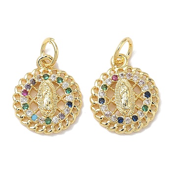 Holy Virgin Theme Brass Cubic Zirconia Charms, with Jump Ring, Lead Free & Cadmium Free, Long-Lasting Plated, Rack Plating, Flat Round, 15x13x3mm, Hole: 3mm