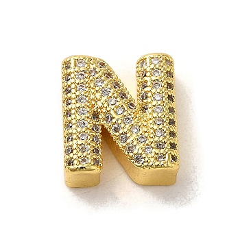 Brass Micro Pave Clear Cubic Zirconia Charms, Real 18K Gold Plated, Letter N, 12.5x11x5mm, Hole: 2mm