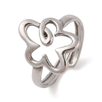 Non-Tarnish 304 Stainless Steel Hollow Flower Cuff Ring for Women, Stainless Steel Color, Flower: 16x13mm, Inner Diameter: 18mm