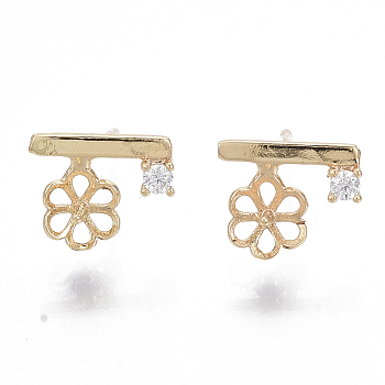Brass Micro Pave Clear Cubic Zirconia Stud Earring Findings, for Half Drilled Beads, Nickel Free, Flower, Real 18K Gold Plated, 9.5x8mm, Pin: 0.7mm, Pin: 0.8mm(Half Drilled Bead)