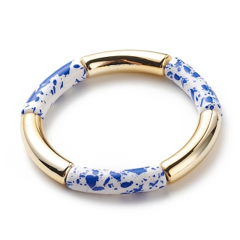 Acrylic Curved Tube Beaded Stretch Bracelet, Chunky Bamboo Friendship Braceelet for Women, Blue, Inner Diameter: 2-1/8 inch(5.3cm)