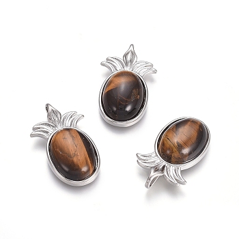 Natural Tiger Eye Pendants, with Platinum Tone Brass Findings, Pineapple, 29x17.5x7mm, Hole: 4.5x3.5mm