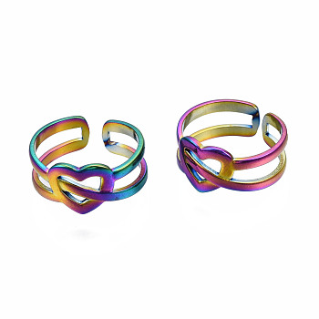 Open Heart Cuff Rings, Hollow Wide Open Rings, Rainbow Color 304 Stainless Steel Rings for Women, US Size 6 3/4(17.1mm)