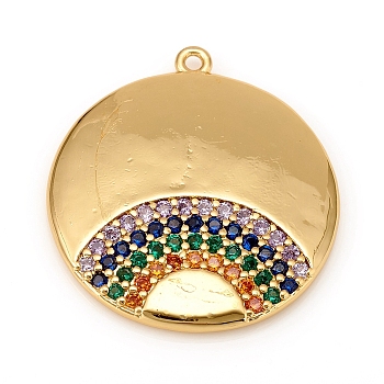 Brass Micro Pave Cubic Zirconia Pendants, Flat Round with Rainbow, Colorful, Golden, 27x24.5x2.5mm, Hole: 1.4mm