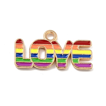 Rainbow Color Alloy Enamel Pendants, Light Gold, Word LOVE with Rainbow Charms, Colorful, 11.5x21.5x1.5mm, Hole: 1.5mm