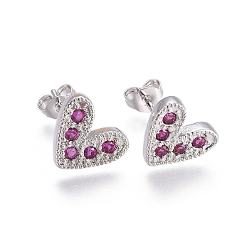 Brass Micro Pave Cubic Zirconia Stud Earrings, with Brass Ear Nuts, Heart, Magenta, Platinum, 10x11.5mm, Pin: 0.7mm
