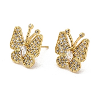 Rack Plating Real 18K Gold Plated Brass Butterfly Stud Earrings, with Cubic Zirconia and Rhinestone, Long-Lasting Plated, Lead Free & Cadmium Free, Clear, 14.5x12.5mm