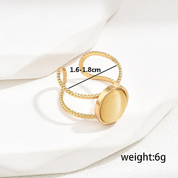 Stylish Stainless Steel Cat Eye Oval Open Cuff Ring for Women Vacation Gift, Yellow, Inner Diameter: 16~18mm