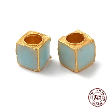 Matte Gold Color 925 Sterling Silver Beads, with Enamel, Square, Aqua, 5x5x5mm, Hole: 3mm