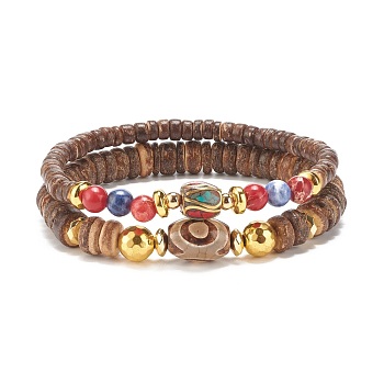 2Pcs 2 Style Mala Bead Bracelets Set, Natural Coconut & Gemstone Stretch Bracelets Set with Tibetan Style DZi Beads for Women, Inner Diameter: 2-1/4 inch(5.7cm), 1Pc/style