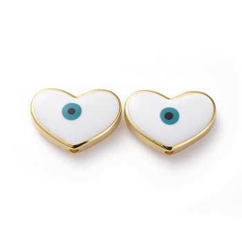 Golden Tone Brass Beads, with Enamel, Heart with Evil Eye, White, 14x20x5mm, Hole: 1.8mm