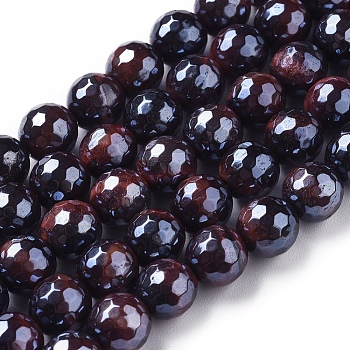 Electroplated Natural Tiger Eye Beads Strands, Faceted, Round, Coconut Brown, 12mm, Hole: 1mm, about 32~33pcs/strand, 15.1~15.3 inch(38.5~39cm)
