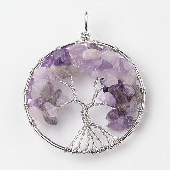 Tree of Life Natural Amethyst Big Pendants, with Brass Findings, Platinum, 63~65x49~51x8~10mm, Hole: 8~10mm