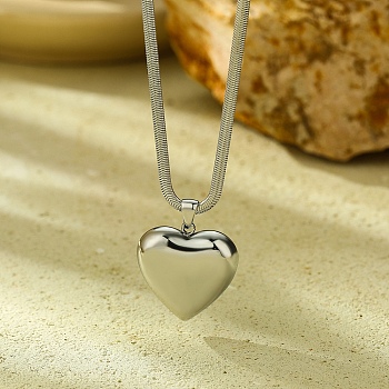 304 Stainless Steel Heart Pendant Flat Snake Chain Necklaces for Women, Stainless Steel Color, 18.66 inch(47.4cm), pendant: 27.5x25mm