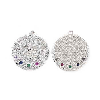 Brass Micro Pave Colorful Cubic Zirconia Pendants, Flat Round with Eye Charm, Platinum, 22x19.5x2.5mm, Hole: 1.2mm
