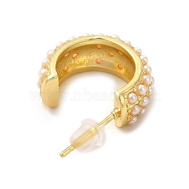 Pendientes de tuerca de latón en forma de C con revestimiento de rejilla con cuentas de perlas de imitación de plástico para mujer(EJEW-G342-07G)-2