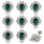 8Pcs Teardrop Zinc Alloy & Glass Lapel Pin Backs for Clothes, Antique Silver, Green, 32x27mm(JEWB-PH0001-90B)