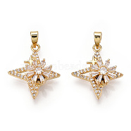 Rotatable Brass Micro Clear Pave Cubic Zirconia Pendants, Star Charms, Real 18K Gold Plated, 20.5x18x6.5mm, Hole: 2.6x4.5mm(KK-E068-VC294)