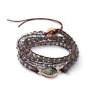 Faceted Glass & Natural Labradorite Beaded Wrap Bracelets, with Cowhide Leather Cord and Burlap, Teardrop, 570x7mm(BJEW-JB05035-01)