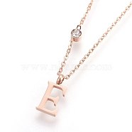 (Jewelry Parties Factory Sale)304 Stainless Steel Initial Pendant Necklaces, with Glass Rhinestone, Crystal, Rose Gold, Letter.E, 16.1~16.5 inch(41~42cm), Pendant: 11x5~8.5x1mm(NJEW-G321-04RG-E)