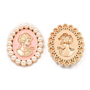 Zinc Alloy Enamel Cabochons, with Plastic Imitation Pearls, Oval with Woman, Light Gold, Pink, 53x42x7.5mm(ENAM-Q501-01LG-02)