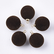 Flocky Acrylic Pendants, with Brass Findings, Round, Golden, Coconut Brown, 18x14mm, Hole: 1.6mm(FIND-T046-33D-16)