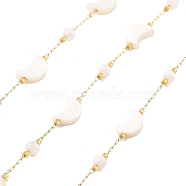 Ion Plating(IP) 304 Stainless Steel Paperclip Chains, Soldered, with Shell Beads, Moon, Real 18K Gold Plated, 10x7x3mm, about 16.40 Feet(5m)/Roll(CHS-P018-08G)