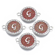 Alloy Enamel Links Connectors, with Crystal Rhinestones, Flat Round with Letter, Silver Color Plated, Letter.G, 22x16x2mm, Hole: 1.8mm(ENAM-TAC0003-01S-05G)