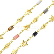 Brass Hamsa Hand Link Chain, with Cubic Zirconia and Natural Mixed Gemstone Column Beaded, Real 18K Gold Plated, Lead Free & Cadmium Free, Soldered, with Spool, Colorful, 13x3.5mm, 11x5x2mm, about 3.28 Feet(1m)/Roll(CHC-CJ0001-71)