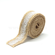 Burlap Ribbon, Hessian Ribbon, Jute Ribbon, with Lace, for Jewelry Making, Flower Pattern, White, 1-1/8 inch(27~28mm), about 2.187yards/roll(2m/roll)(X-OCOR-R071-02F)