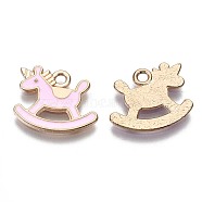 Alloy Enamel Pendants, Cadmium Free & Lead Free, Rocking Horses, Light Gold, Pink, Light Gold, 13x16x1.5mm, Hole: 1mm(X-ENAM-S115-040D)