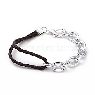 Fashion Braided Bracelets, with PU Leather Cord, Aluminium Chains and Alloy Lobster Claw Clasps, Saddle Brown, 195mm(X-BJEW-JB00848-09)