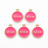 Alloy Enamel Charms, Cadmium Free & Lead Free, Light Gold, Flat Round with Mom, Deep Pink, 14.5x12x2mm, Hole: 1.4mm(ENAM-T016-11A-RS)