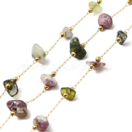 Ion Plating(IP) 316 Surgical Stainless Steel Paperclip Chains, with Natural Tourmaline Nuggets Beads, Soldered, Real 18K Gold Plated, with Spool, 2.5x1x0.5mm(CHS-I019-20B)