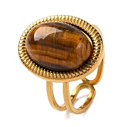 Oval Natural Tiger Eye Finger Rings, Golden Tone 304 Stainless Steel Cuff Rings for Women, Oval: 18x15mm, Inner Diameter: 17mm(RJEW-Q822-05G)