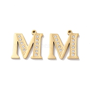 Real 14K Gold Plated 304 Stainless Steel Pendants, with Rhinestone, Letter M, 18x18.5x2mm, Hole: 1.4mm(STAS-L022-157G-M)