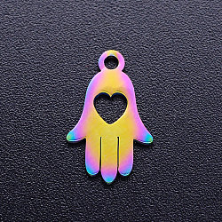 Ion Plating(IP) 304 Stainless Steel Charms, Hamsa Hand/Hand of Miriam with Heart, Rainbow Color, 15x9.5x1mm, Hole: 1.5mm(STAS-Q201-JN186)