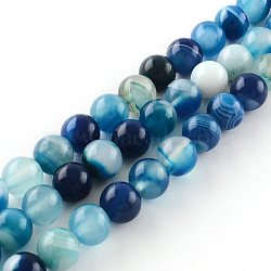 Dyed Natural Striped Agate/Banded Agate Round Bead Strands, Dodger Blue, 6mm, Hole: 1mm, about 63~64pcs/strand, 15 inch(G-R342-6mm-05)