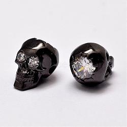 Brass Beads, Micro Pave Grade AAA Cubic Zirconia, Skull, Cadmium Free & Nickel Free & Lead Free, Gunmetal, 12.5x9x10mm, Hole: 2mm(KK-G270-01-NR)