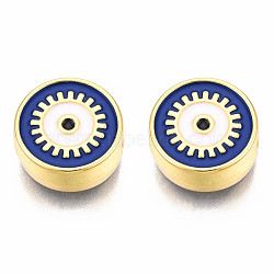 Rack Plating Alloy Enamel Pendants, Light Gold, Cadmium Free & Nickel Free & Lead Free, Flat Round with Evil Eye, Dark Blue, 12x4.5mm, Hole: 2mm(PALLOY-N172-067C)