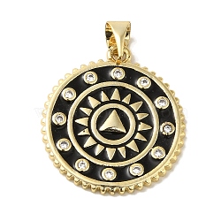 Brass Enamel Micro Pave Cubic Zirconia Pendants, Real 18K Gold Plated, Round, Black, 23x20x2mm, Hole: 5.5x3.8mm(KK-Z042-24G-01)