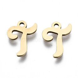 201 Stainless Steel Charms, Laser Cut, Alphabet, Golden, Letter.T, 12x9.5x1mm, Hole: 1.4mm(STAS-T044-217G-T)