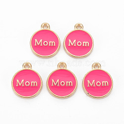 Alloy Enamel Charms, Cadmium Free & Lead Free, Light Gold, Flat Round with Mom, Deep Pink, 14.5x12x2mm, Hole: 1.4mm(ENAM-T016-11A-RS)