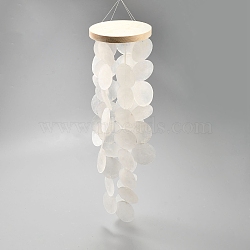 Natural Shell Wind Chimes, Flat Round, with Wooden Board, White, 550mm(AJEW-WH20020-244B-01)
