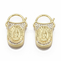 Brass Micro Pave Clear Cubic Zirconia Pendants, Nickel Free, Padlock with Virgin Mary, Real 16K Gold Plated, 25x15.5x4.5mm(ZIRC-R110-007-NF)