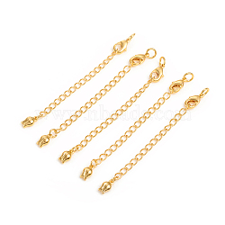 Brass Chain Extender, with Curb Chains and Lobster Claw Clasps, Long-Lasting Plated, Flower, Real 14K Gold Plated, 70x3mm, Hole: 3mm(X-KK-L155-28G)