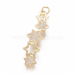 Brass Micro Pave Cubic Zirconia Pendants, with Jump Ring, Star, Clear, Golden, 39x11x3mm, Hole: 3mm(ZIRC-L083-016G)