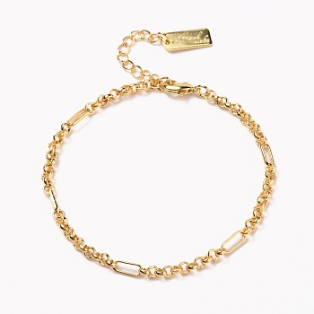 Brass Figaro Chain Bracelets, with Lobster Claw Clasps, Long-Lasting Plated, Word Hand Made, Real 18K Gold Plated, 6-3/4 inch(17cm)